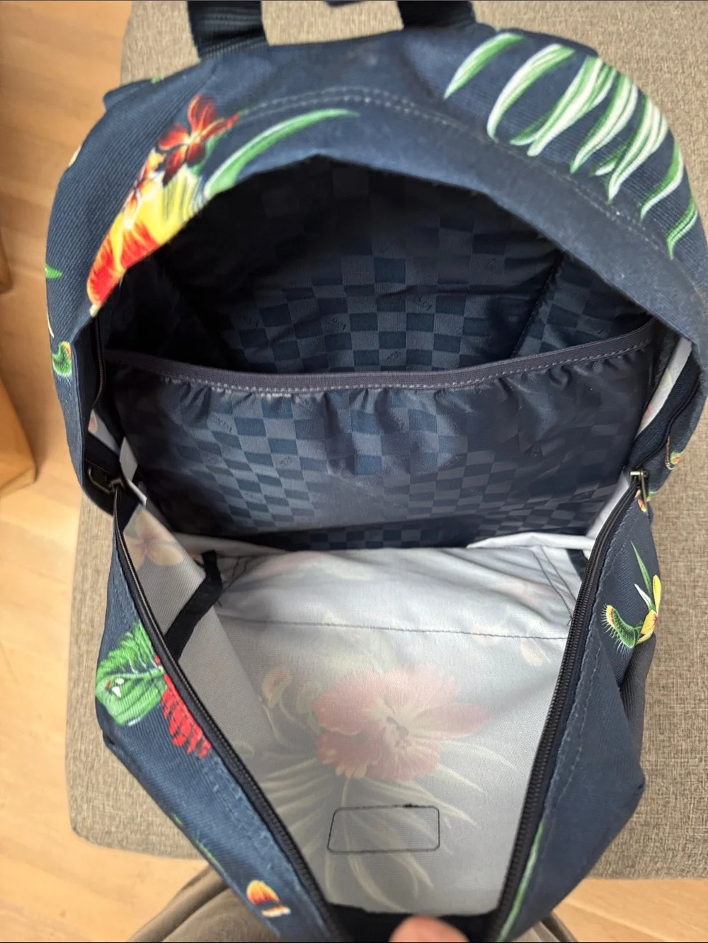 Vans Navy Floral Backpack with Red & Yellow Hibiscus